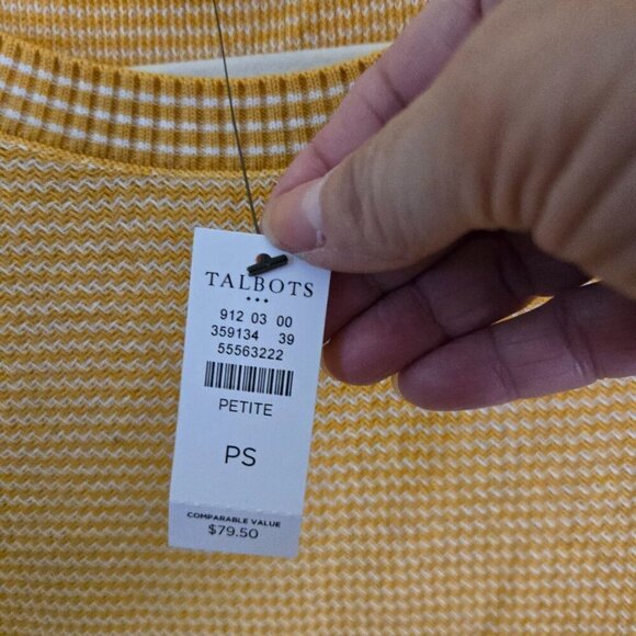 Talbots NWT Petite Mustard White Cotton Blend Crew Neck Logistic Sweater Size Sp - Picture 4 of 7
